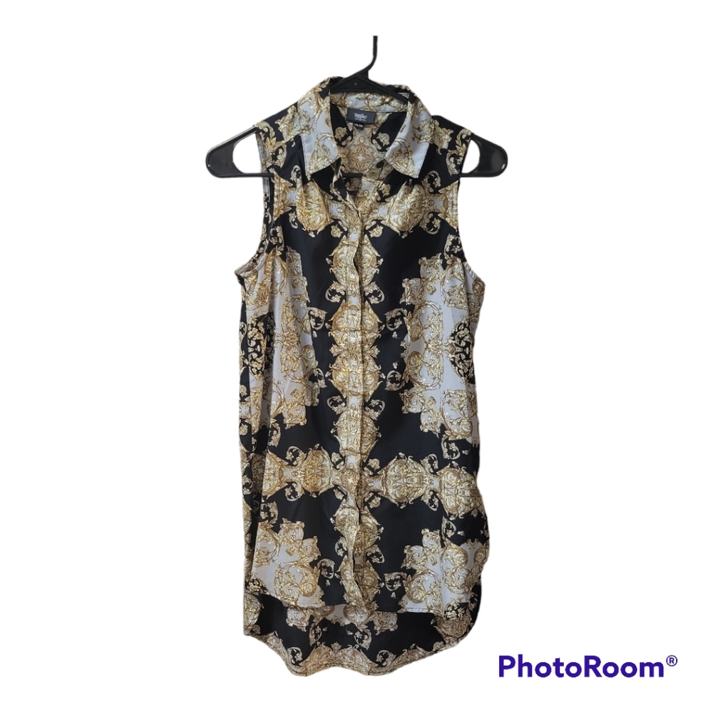 Mossimo Sleeveless Button-Up Long Blouse Black Paisley Size Xtra-Small